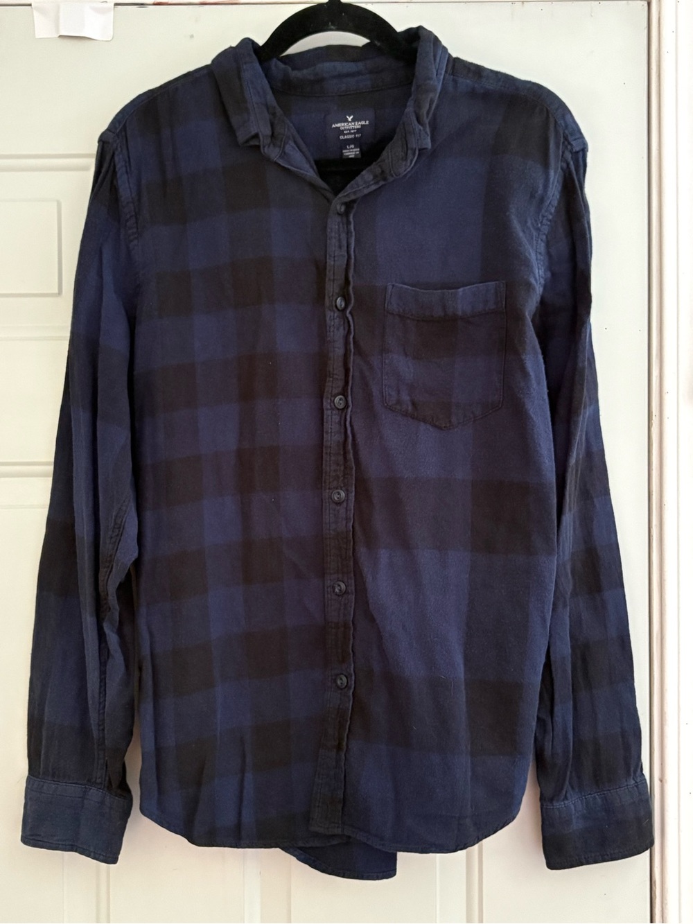 American Eagle Outfitters Blue and Black Plaid Button-Down Shirt
